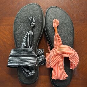 TWO PAIRS! Sanuk Orange stripe & black stripe yoga sandals. Size 11
